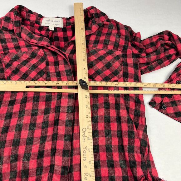 Cloth & Stone Red Black Buffalo Check Button Shirt Small Raw Hem Hi Low Grunge - Picture 8 of 11